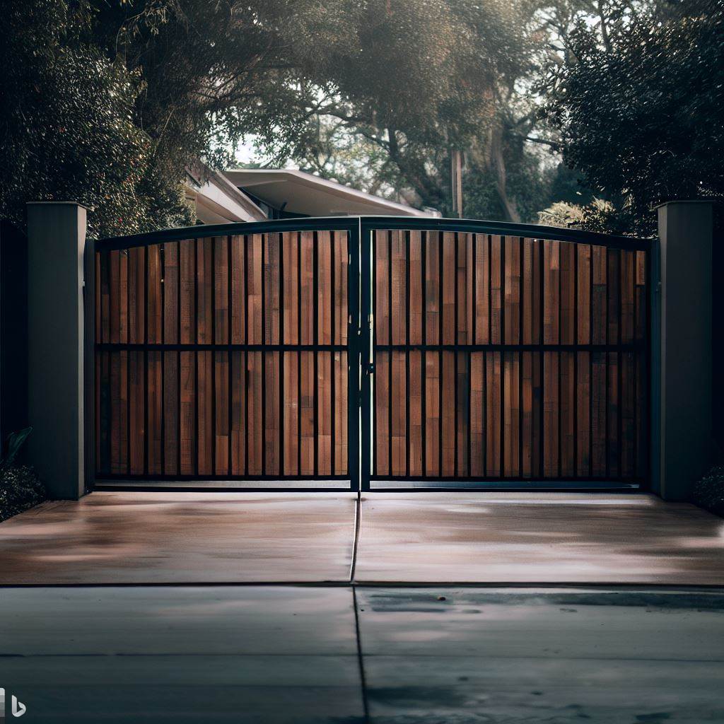 230512 - Rectangular metal driveway gate with wood panel photography